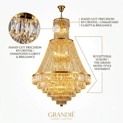 Custom Hotel Banquet Hall Multi-Arm Crystal Large Chandelier Gold Electroplated Grand Event Lighting